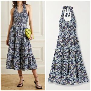NEW Les Reveries Shirred Floral Print Cotton Poplin Halterneck Midi Dress
